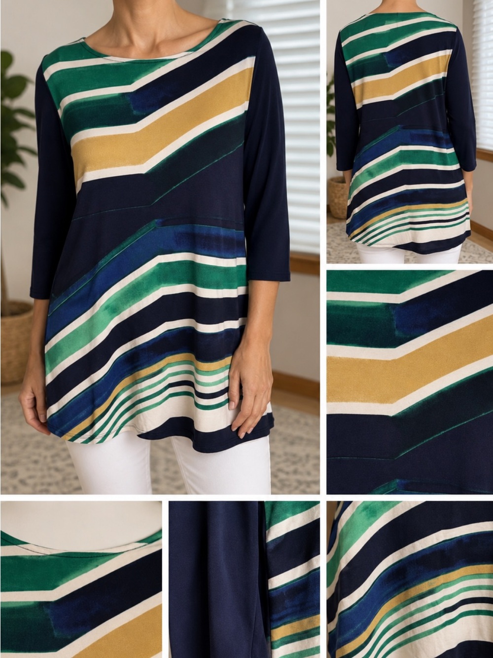 Easywear by Chico’s Size 3 Women’s Striped Tunic Top Navy Green Gold Long Sleeve